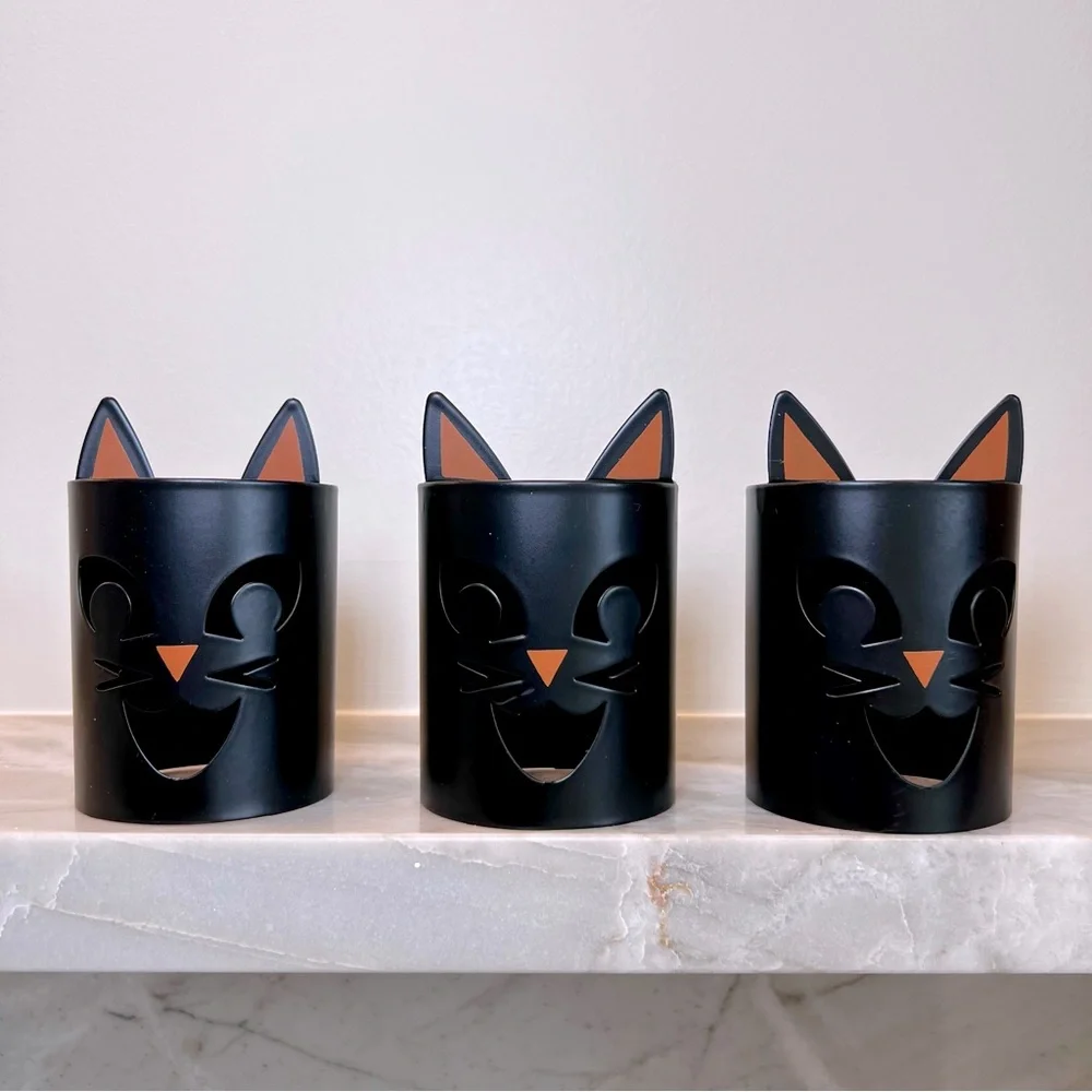 Black Cat Metal Teal Light Candle Holders Set of 3 Halloween Luminaries Decor